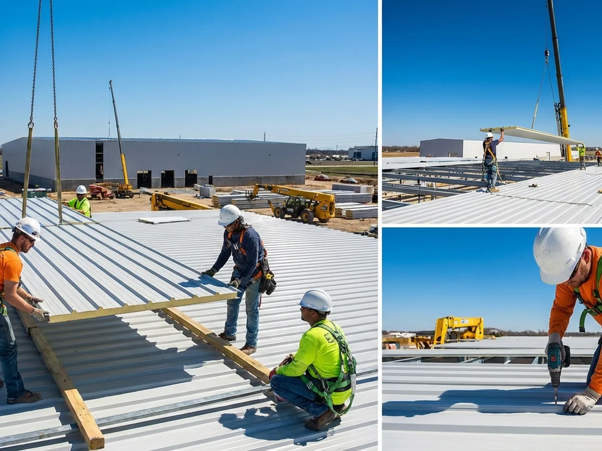 Proses pemasangan atap sandwich panel pada gedung industri untuk efisiensi suhu