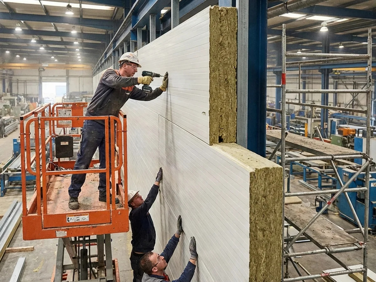Proses instalasi panel sandwich rockwool di fasilitas industri