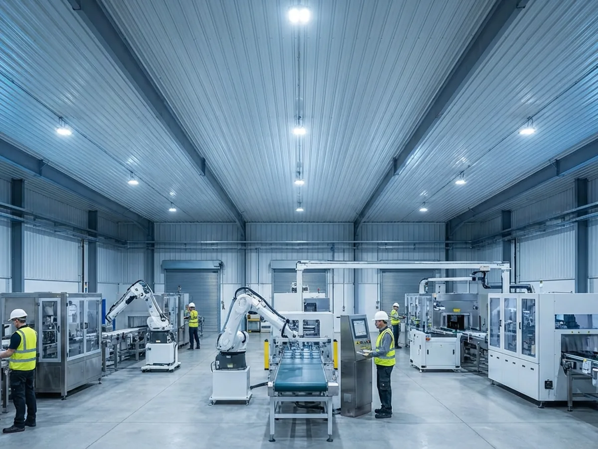 Tampilan interior gudang modern dengan dinding sandwich panel yang memberikan pencahayaan alami dan kebersihan maksimal