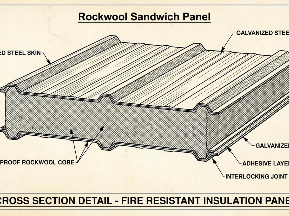 Detail struktur panel rockwool dengan lapisan baja
