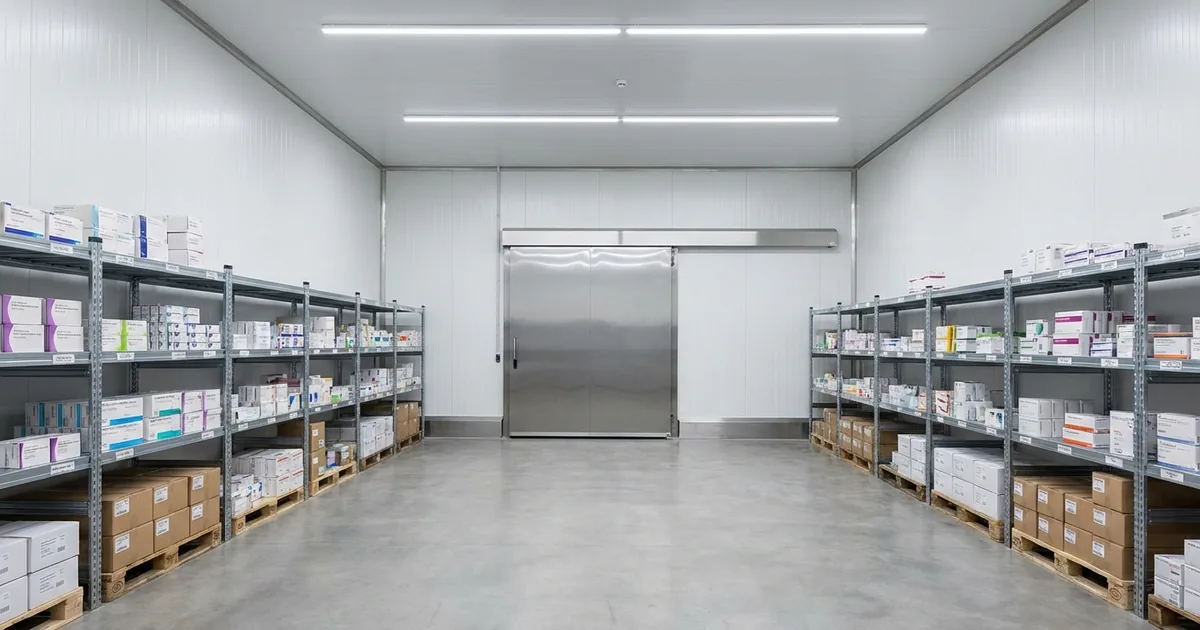 Interior cold storage modern dengan dinding sandwich panel putih bersih dan sistem pintu hermetik