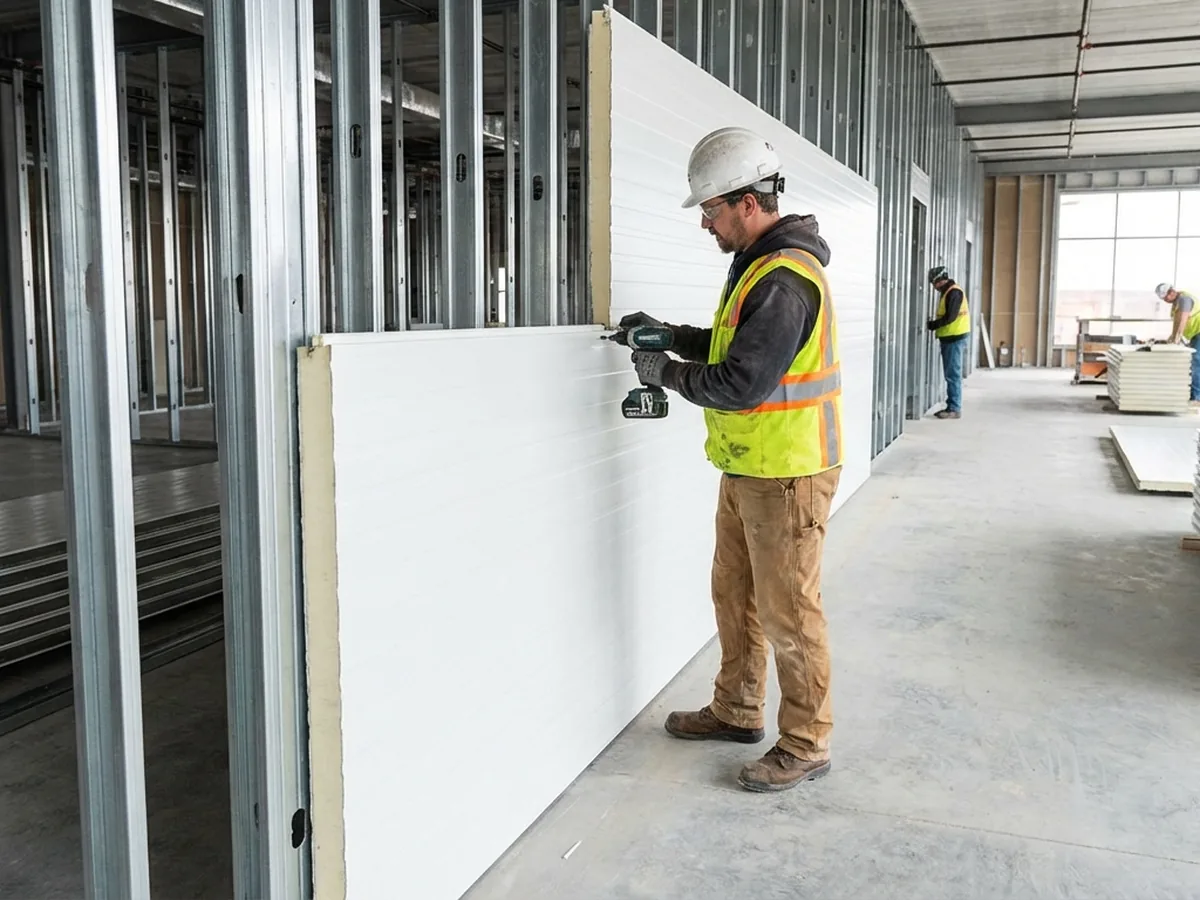 Pekerja memasang dinding partisi sandwich panel dengan cepat dan bersih tanpa debu semen