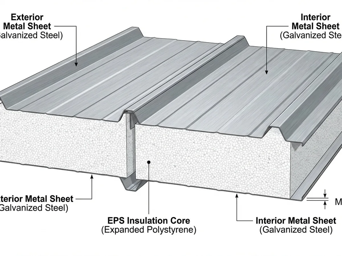 Struktur lapisan dinding gudang sandwich panel dengan inti insulasi