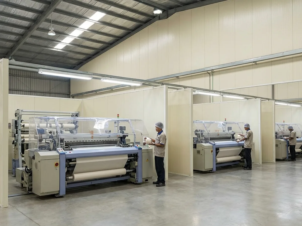 Interior pabrik tekstil dengan dinding sandwich panel yang bersih