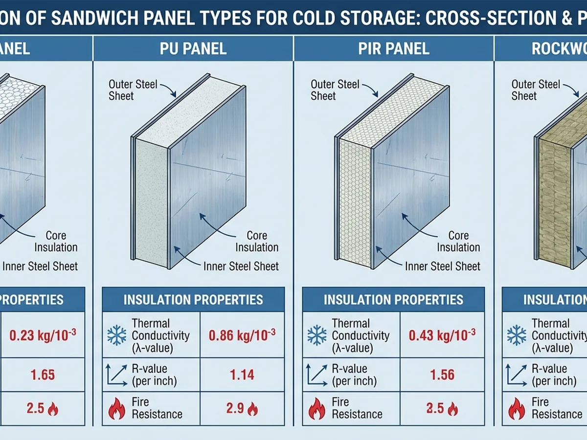 Diagram perbandingan jenis sandwich panel untuk cold storage: EPS, PU, PIR, dan Rockwool