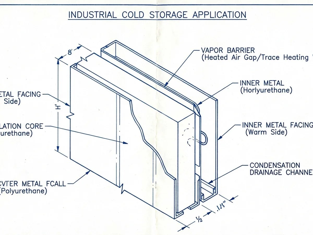 Diagram teknis pencegahan kondensasi pada sandwich panel cold storage menunjukkan lapisan penghalang uap dan insulasi
