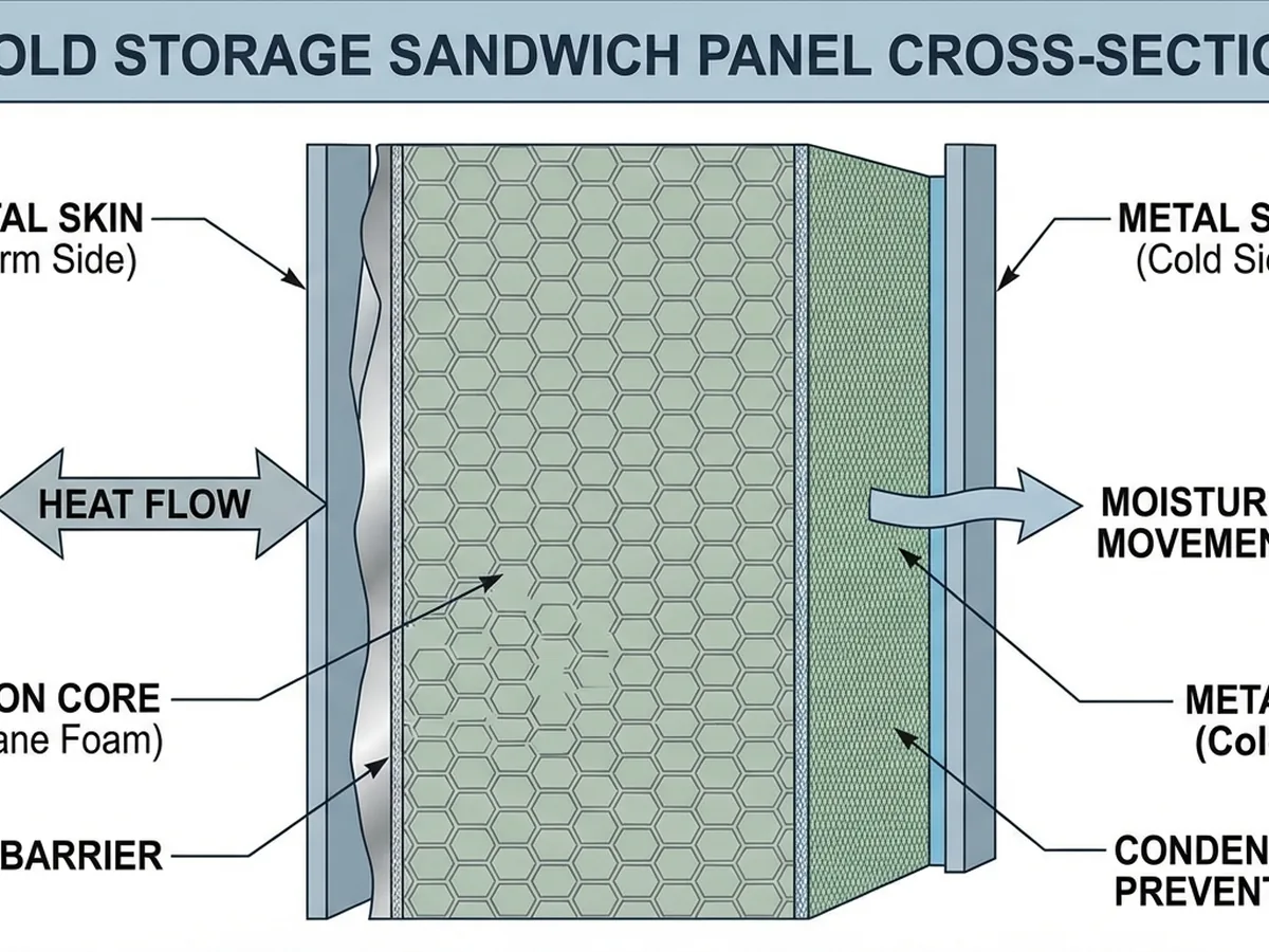 Diagram cross-section sandwich panel menunjukkan lapisan insulasi dan penghalang uap untuk pencegahan kondensasi
