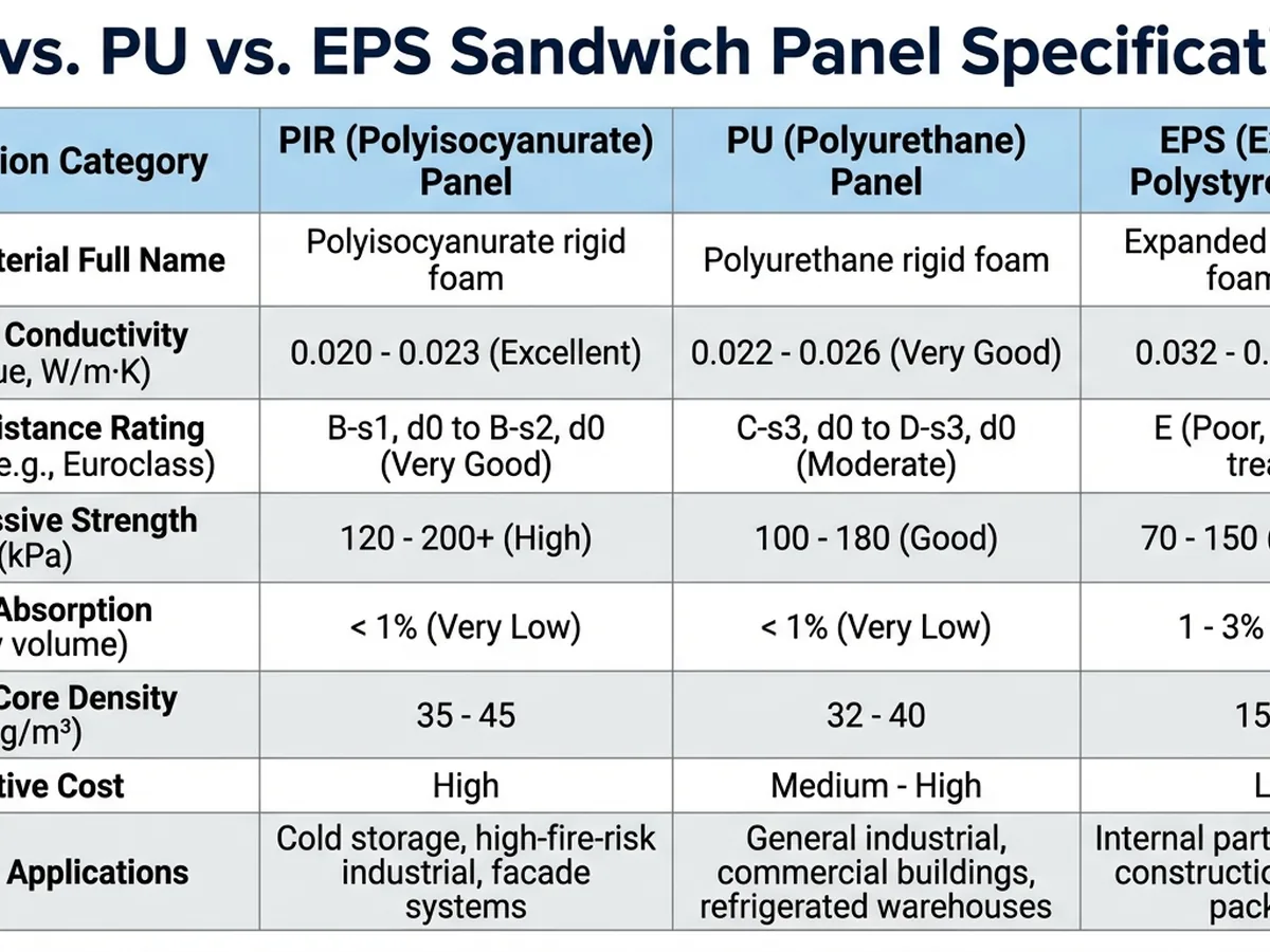 Perbandingan visual sandwich panel PIR, PU, dan EPS dengan spesifikasi teknis
