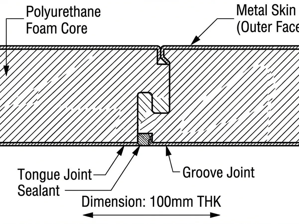 Detail potongan melintang sandwich panel PU dengan sistem sambungan tongue and groove