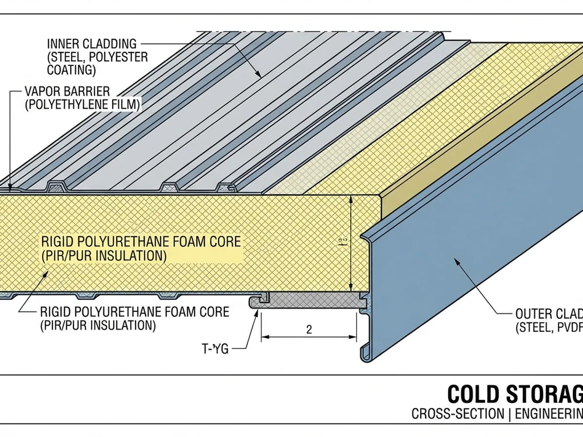 Diagram teknis cold storage panel menunjukkan lapisan insulasi, vapor barrier, dan cladding logam