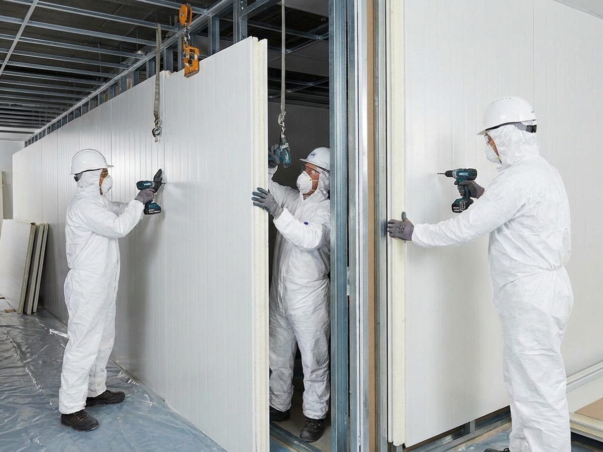 Proses instalasi dinding cleanroom dengan sandwich panel