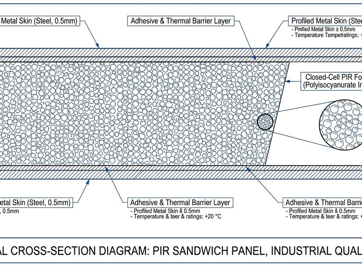 Cross-section PIR panel sandwich dengan lapisan insulasi berkualitas tinggi