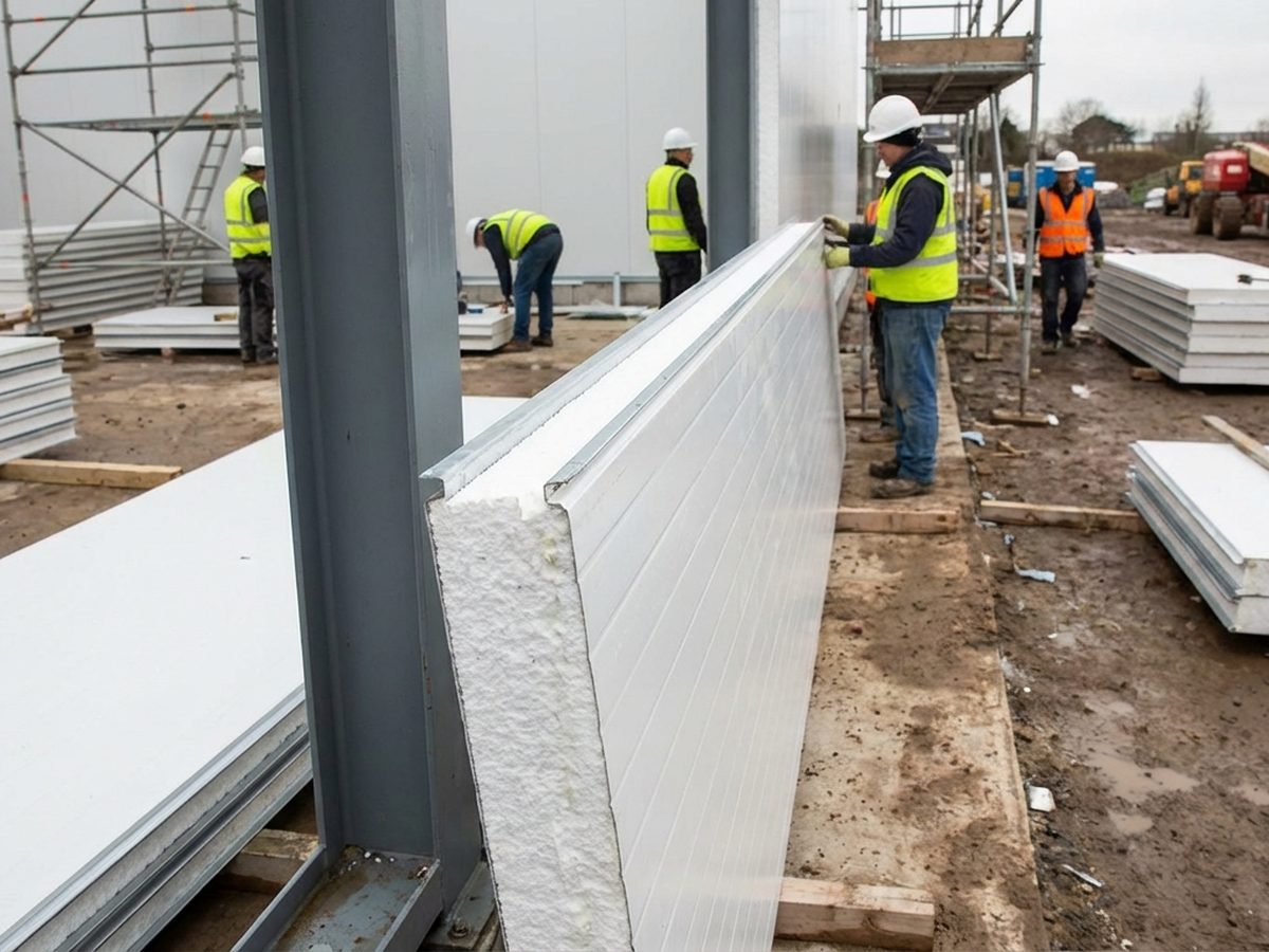 Detail struktur sandwich panel dengan lapisan pelat metal dan inti isolasi