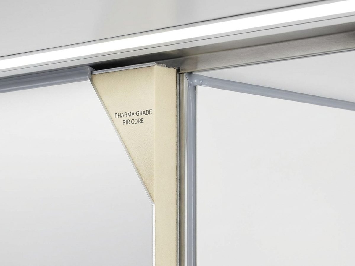 Pharma cleanroom sandwich panel joint detail with specialized sealant