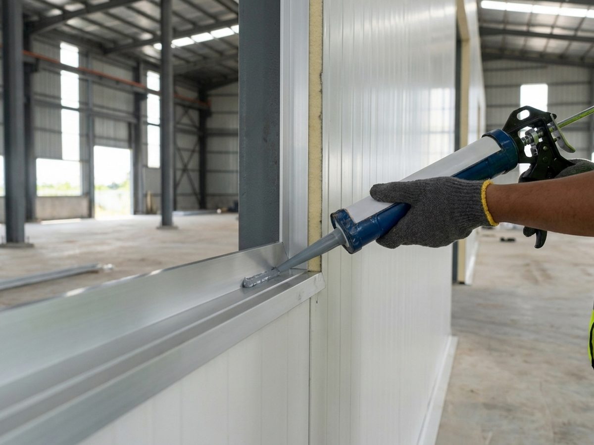Sealant and aluminium trim installation on sandwich panel joints