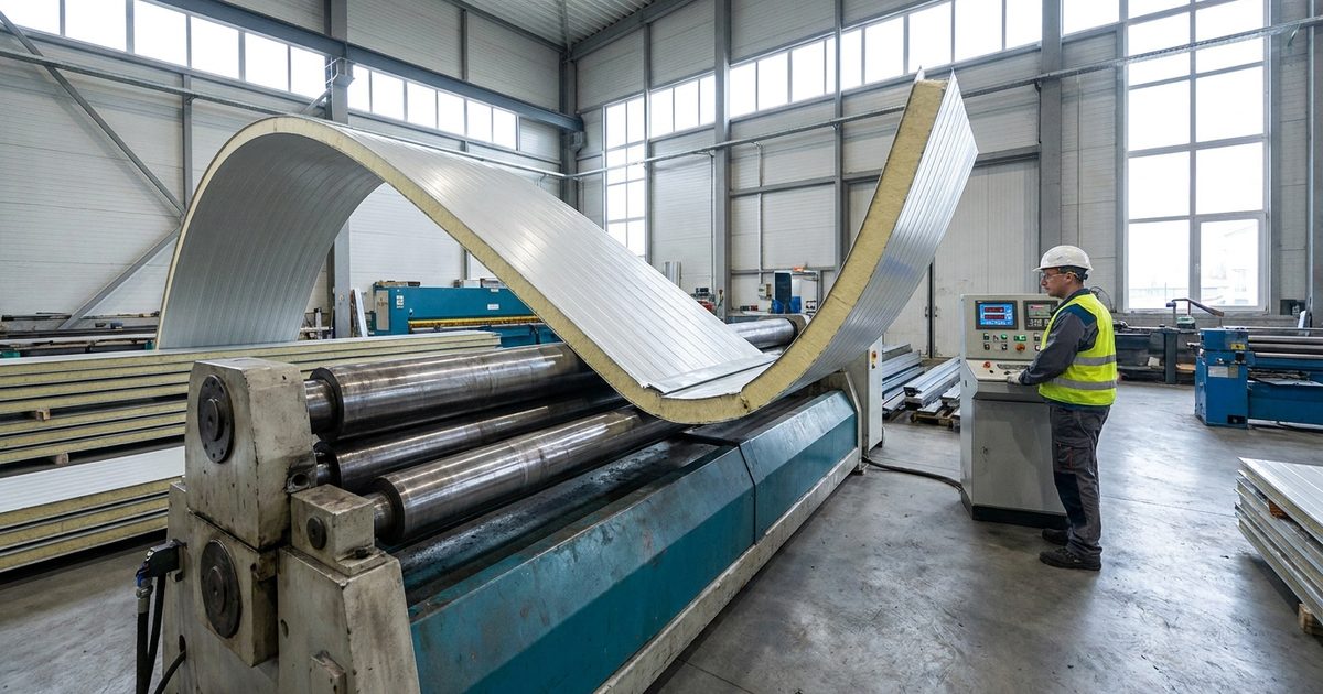 Sandwich panel curving technique with roller bending machine at industrial construction workshop