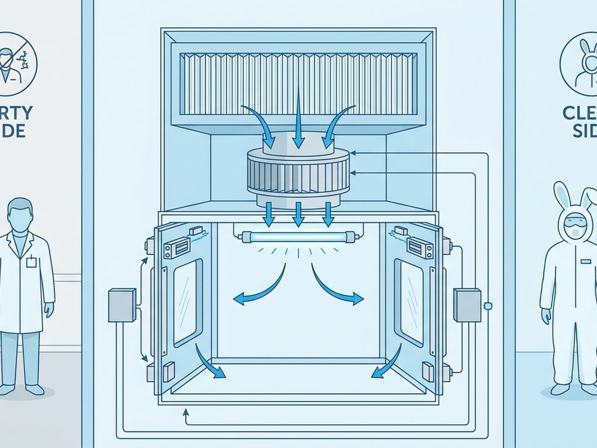 Dynamic pass box internal mechanism — HEPA filter, blower, and laminar airflow