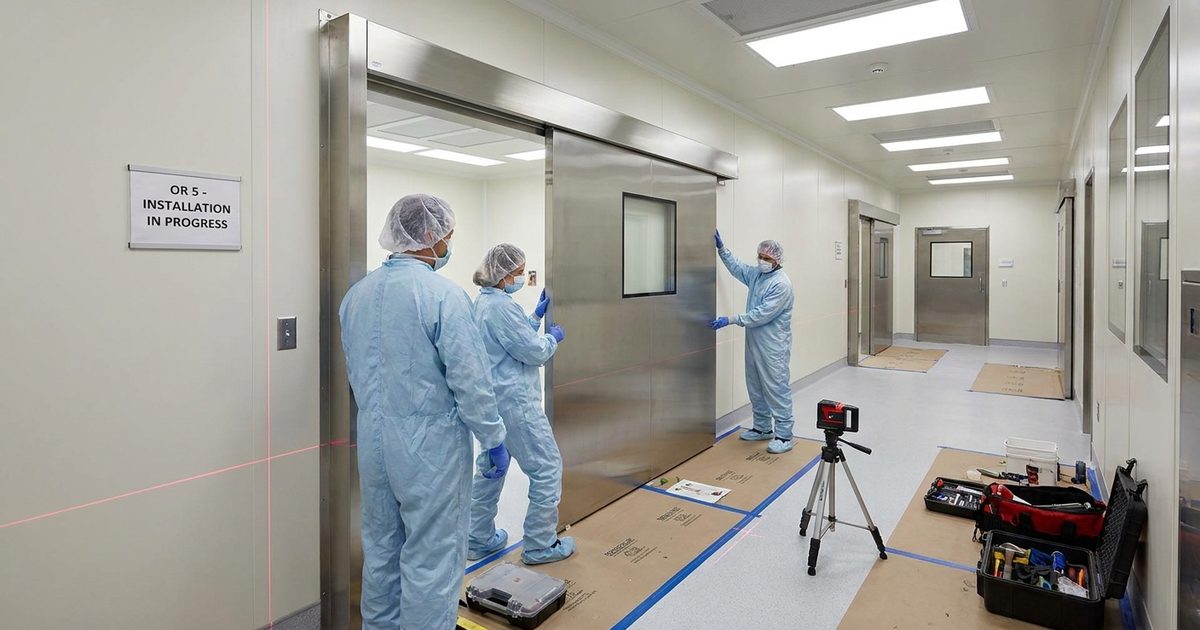 Instalasi pintu hermetic di rumah sakit - pemasangan frame stainless steel pada dinding cleanroom