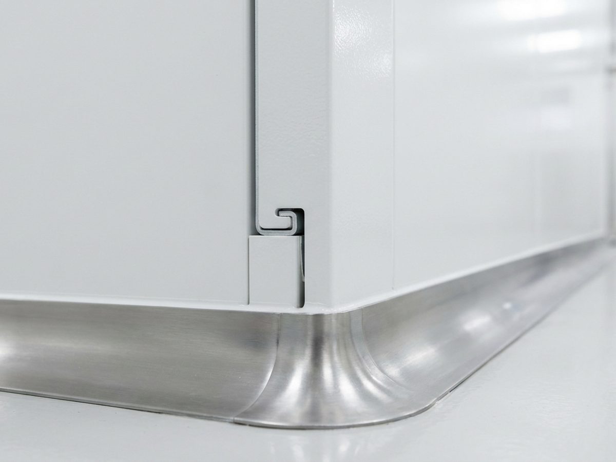 Modular wall panel joint detail pharmaceutical cleanroom