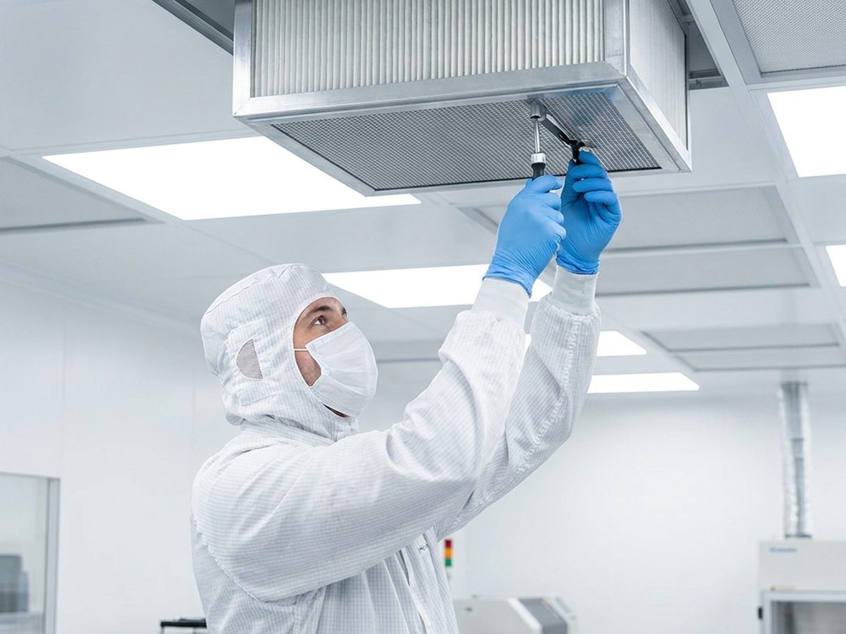 Lab technician using LAF in pharmaceutical cleanroom environment