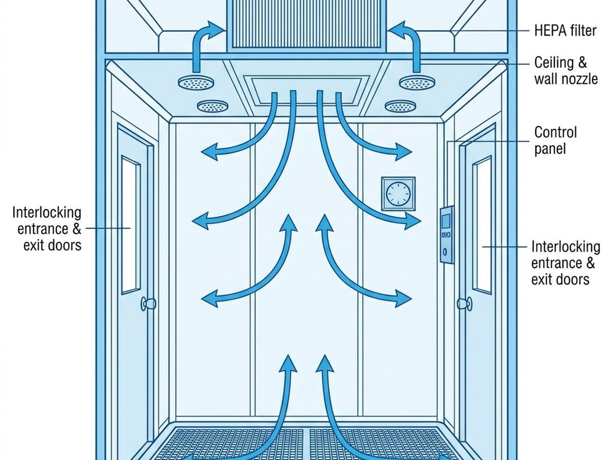 Diagram air shower cleanroom dengan komponen dan aliran udara