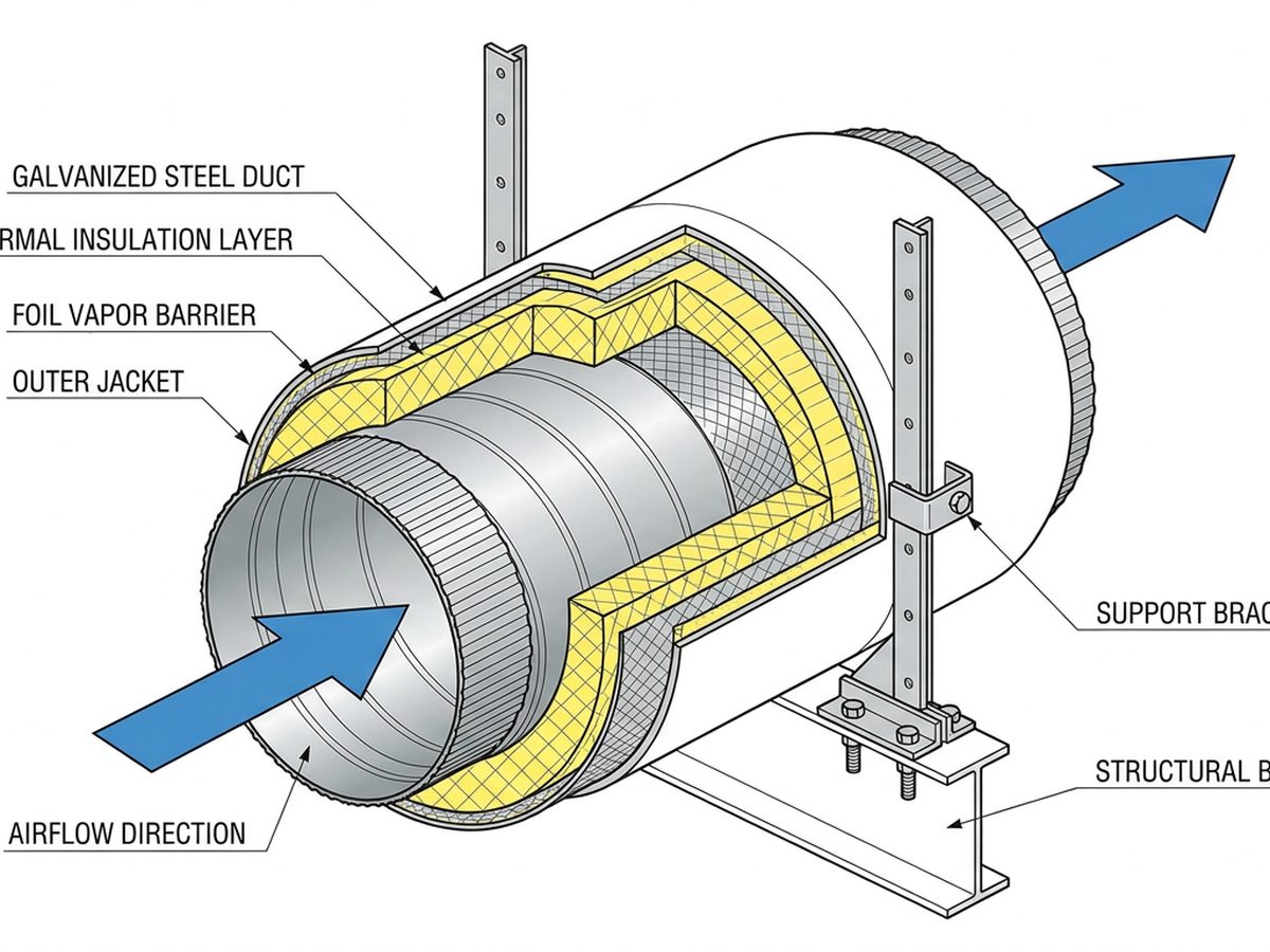 Cross-section diagram of industrial HVAC ducting system with insulation layers