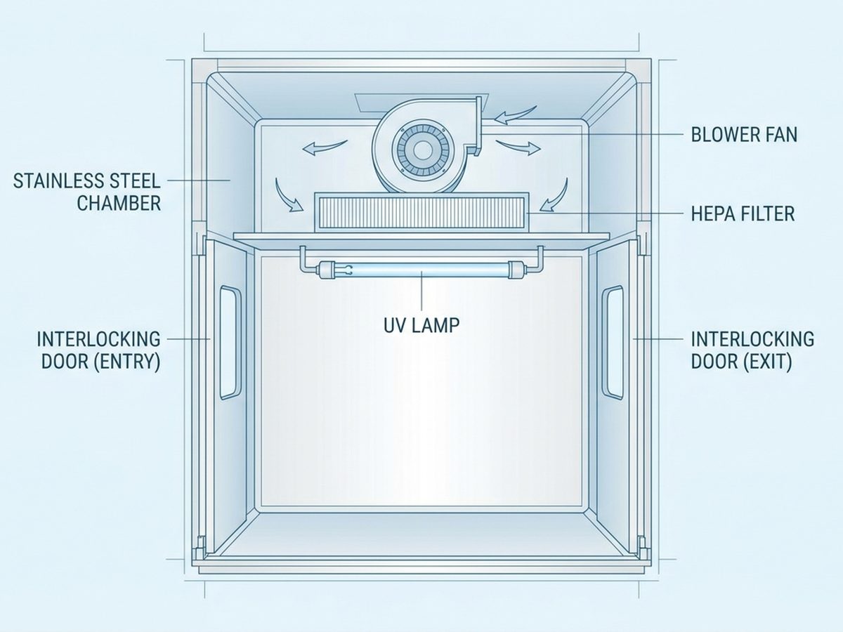 Diagram pass box dinamis dengan HEPA filter dan aliran udara antar zona cleanroom