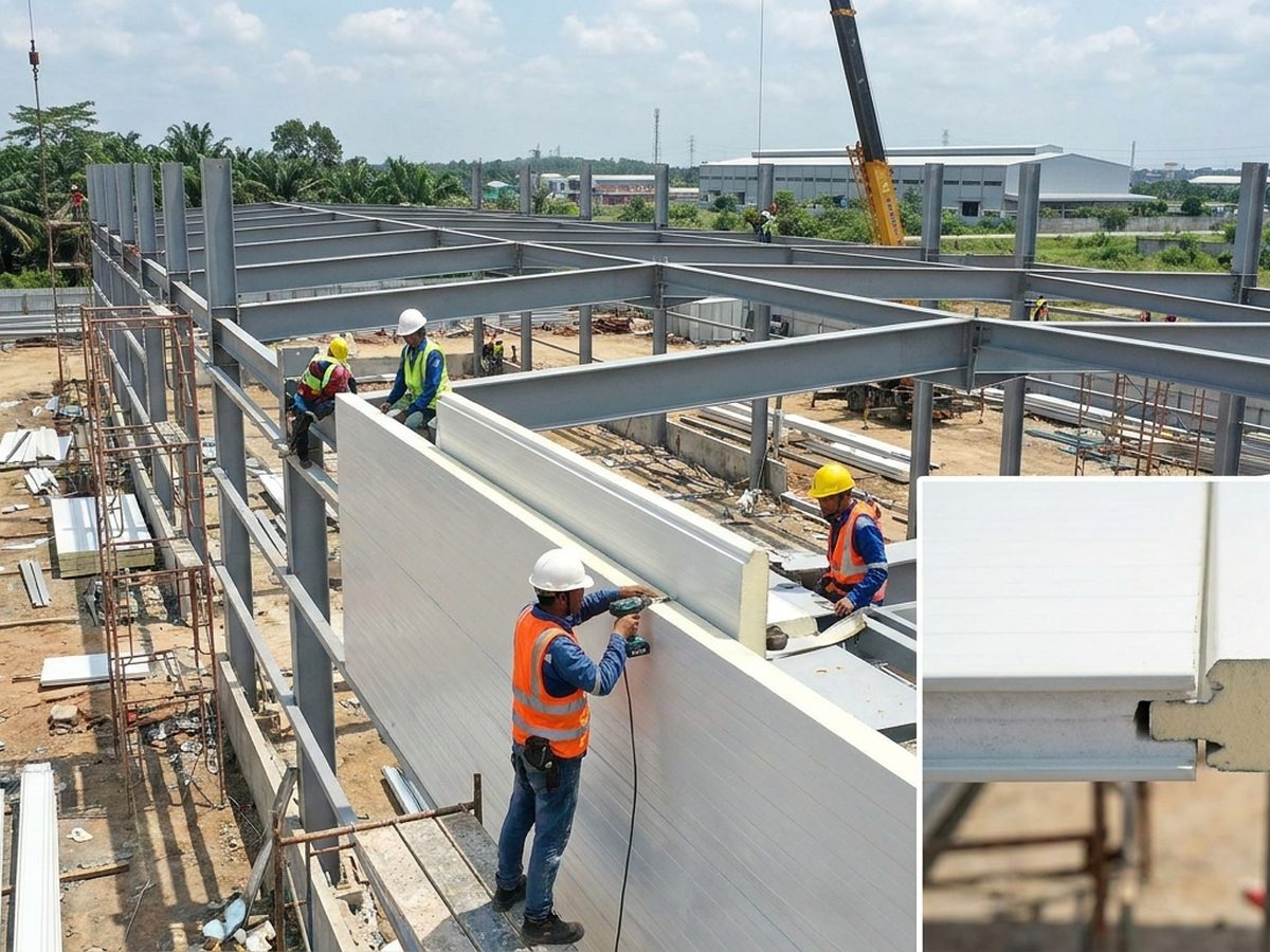 Pemasangan sandwich panel di konstruksi pabrik