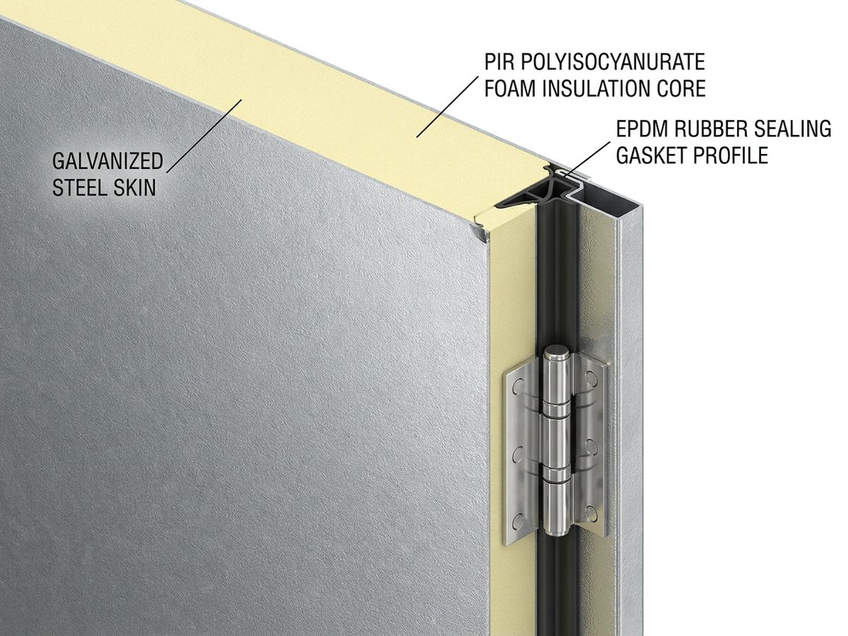 Konstruksi pintu sandwich panel dengan inti PIR dan lapisan baja galvanis