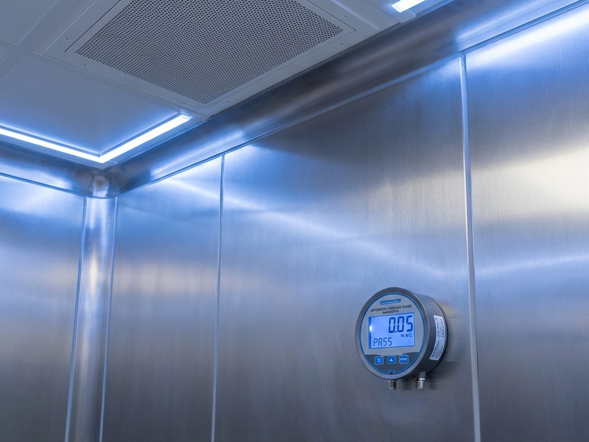 Panel dinding sandwich stainless steel food-grade dengan digital manometer untuk monitoring tekanan diferensial cleanroom makanan - persiapan audit BPOM
