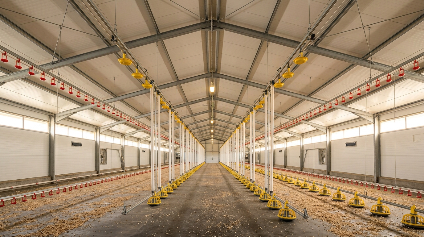 Interior kandang ayam closed house dengan panel sandwich sebagai dinding dan atap