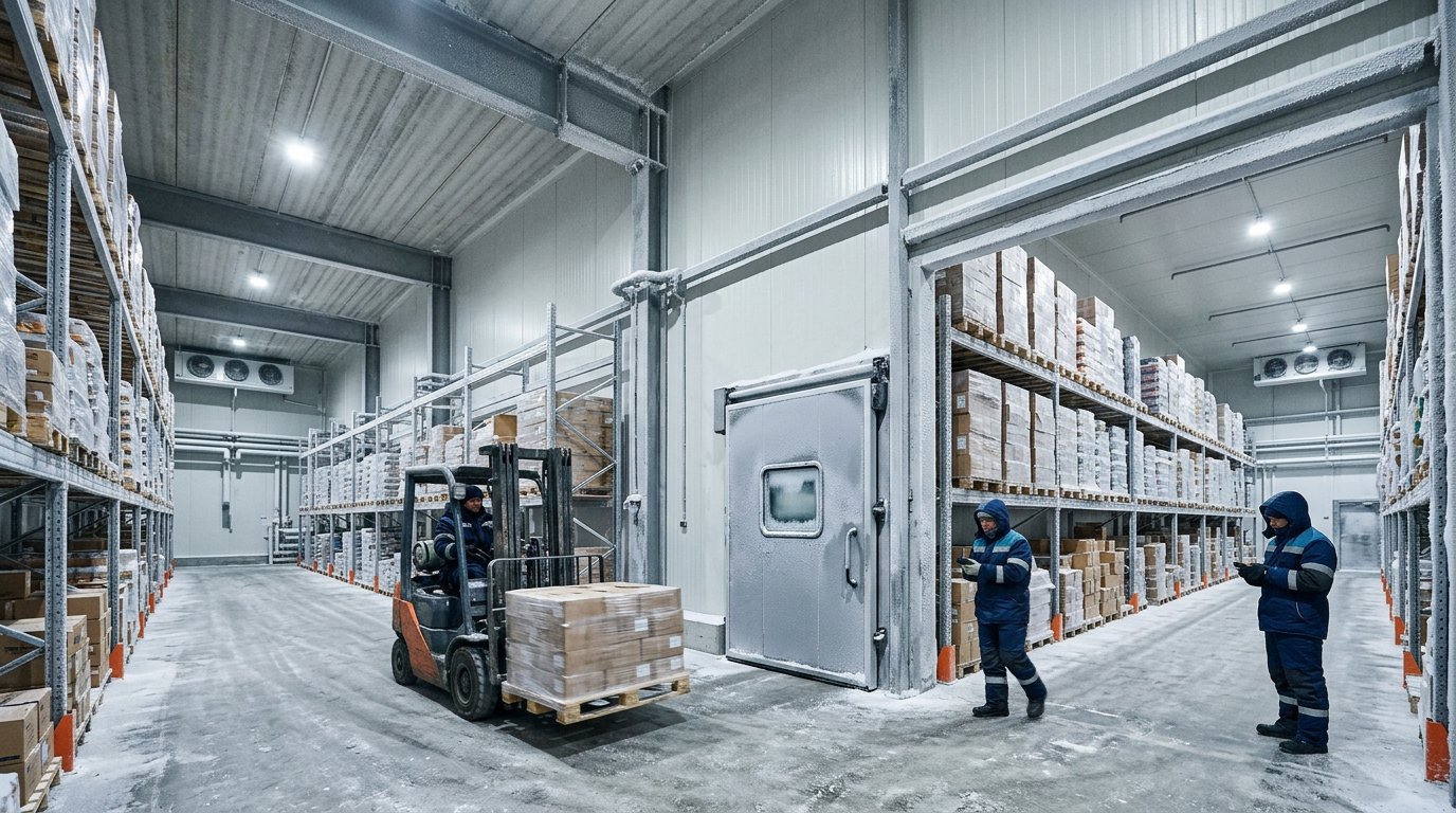 Interior gudang cold storage dengan dinding panel sandwich berinsulasi