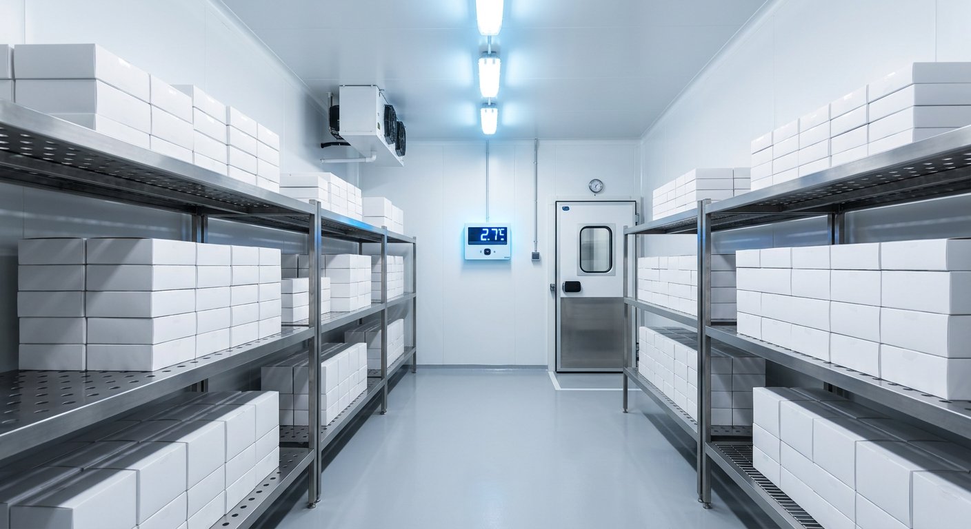 Ruang cold storage farmasi dengan panel sandwich dan monitor suhu digital