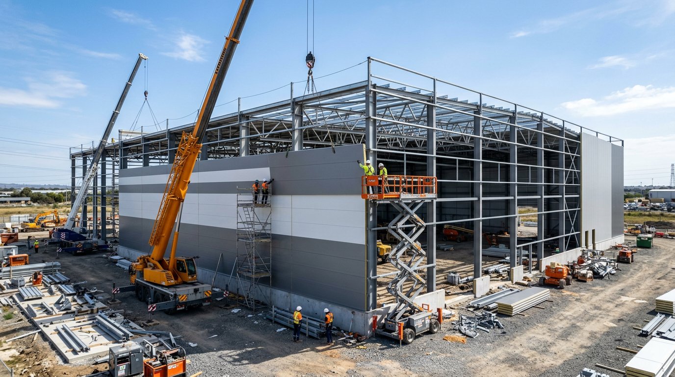 Instalasi sandwich panel pada konstruksi pabrik