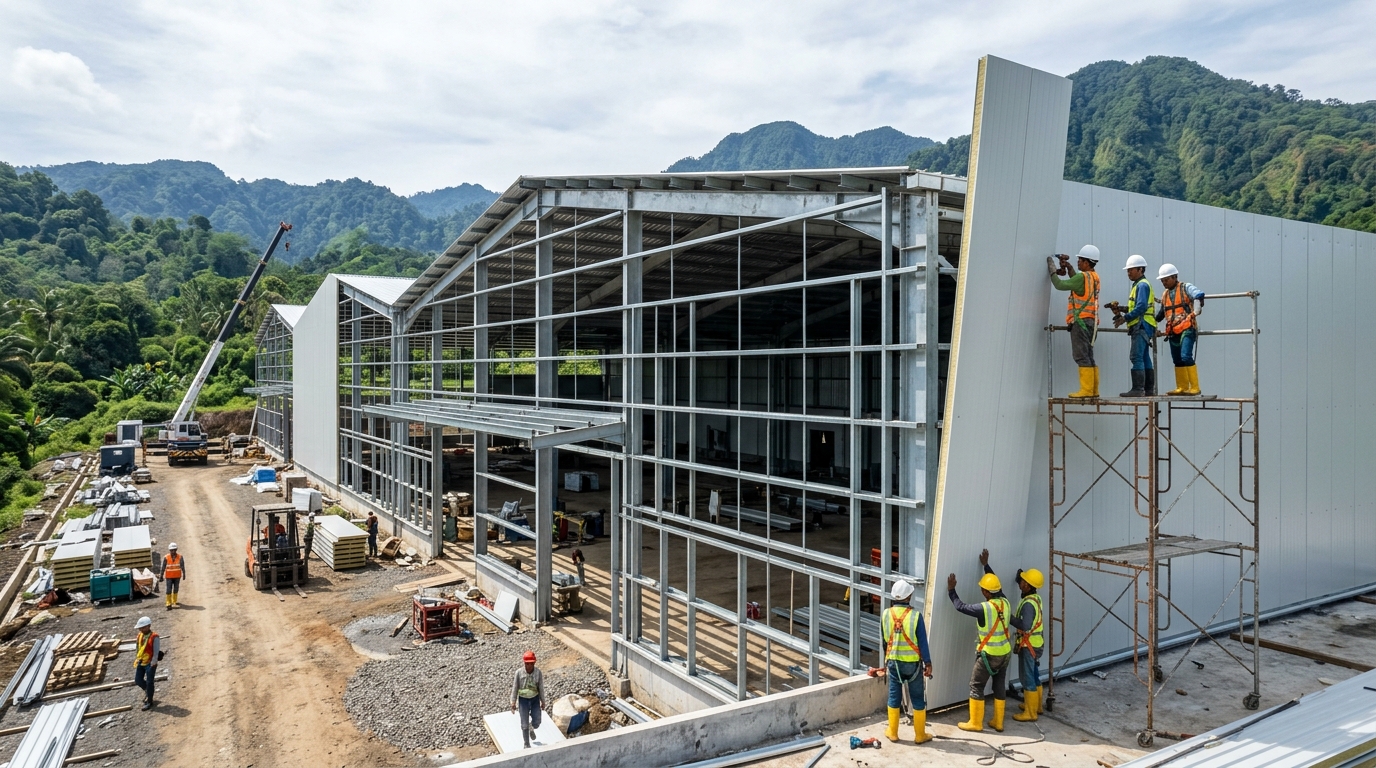 Pemasangan dinding sandwich panel di area konstruksi pabrik Bandung