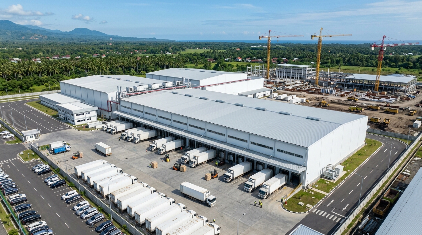 Fasilitas cold storage modern berdinding sandwich panel dengan aktivitas bongkar muat truk berpendingin