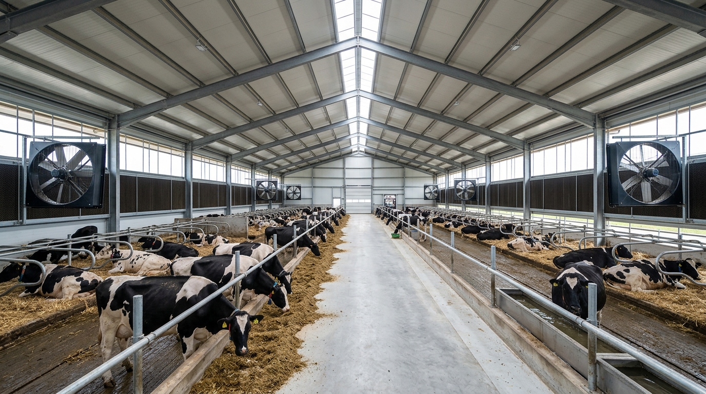 Interior kandang sapi perah closed barn dengan dinding dan atap sandwich panel serta sistem ventilasi