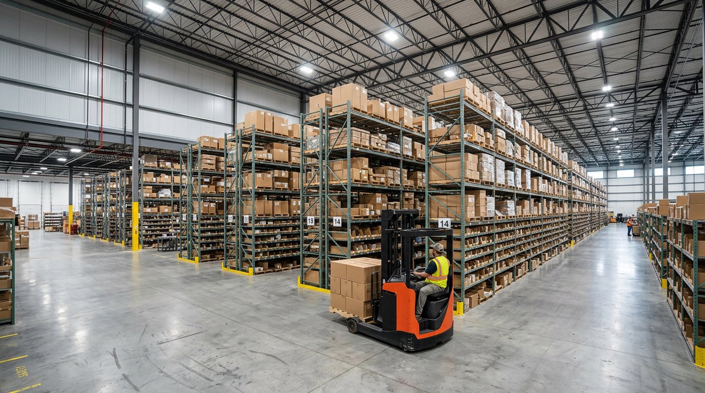 Interior gudang fulfillment center dengan dinding sandwich panel dan rak penyimpanan