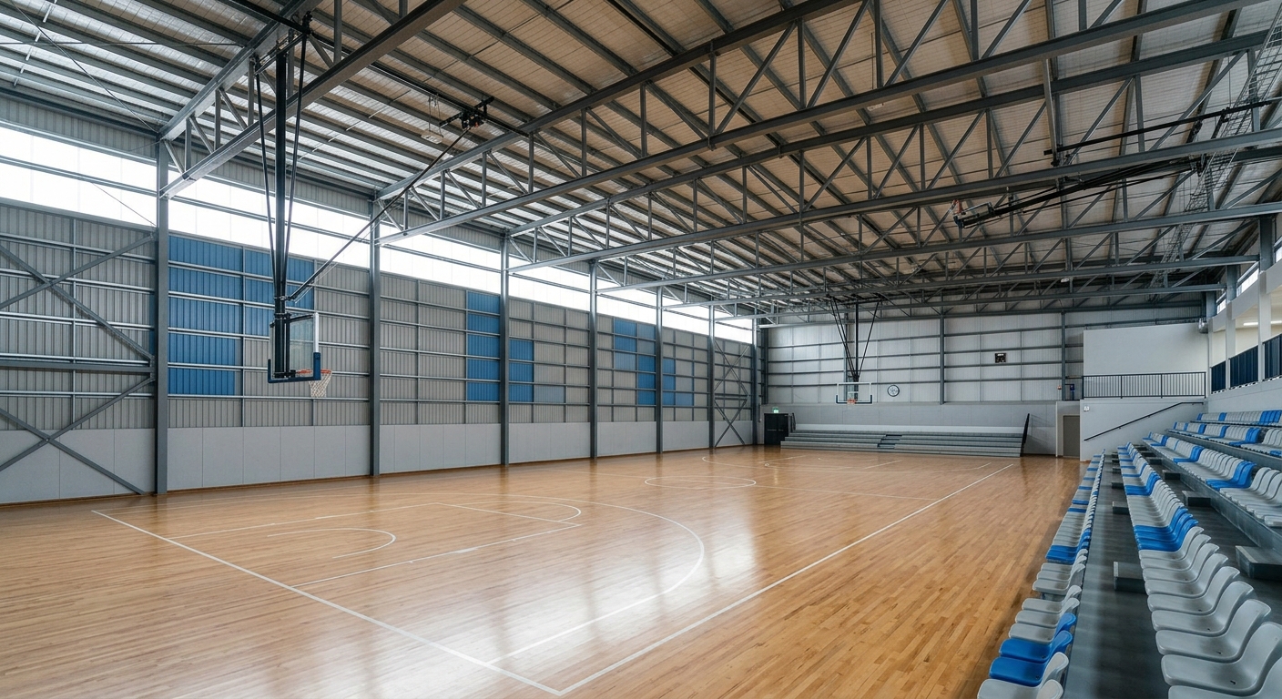 Interior gedung olahraga dengan dinding sandwich panel dan rangka baja bentang lebar