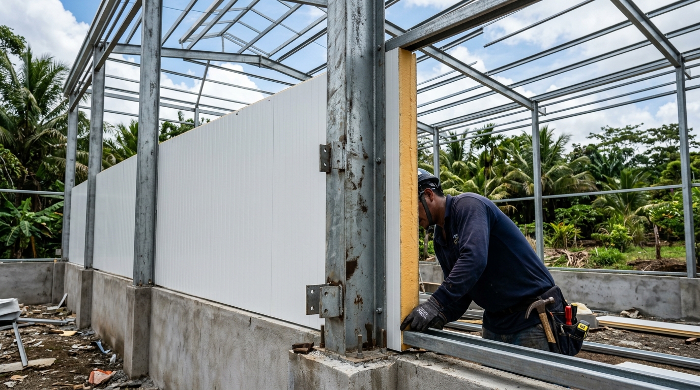 Pemasangan dinding sandwich panel untuk fasilitas vertical farming dan greenhouse modern