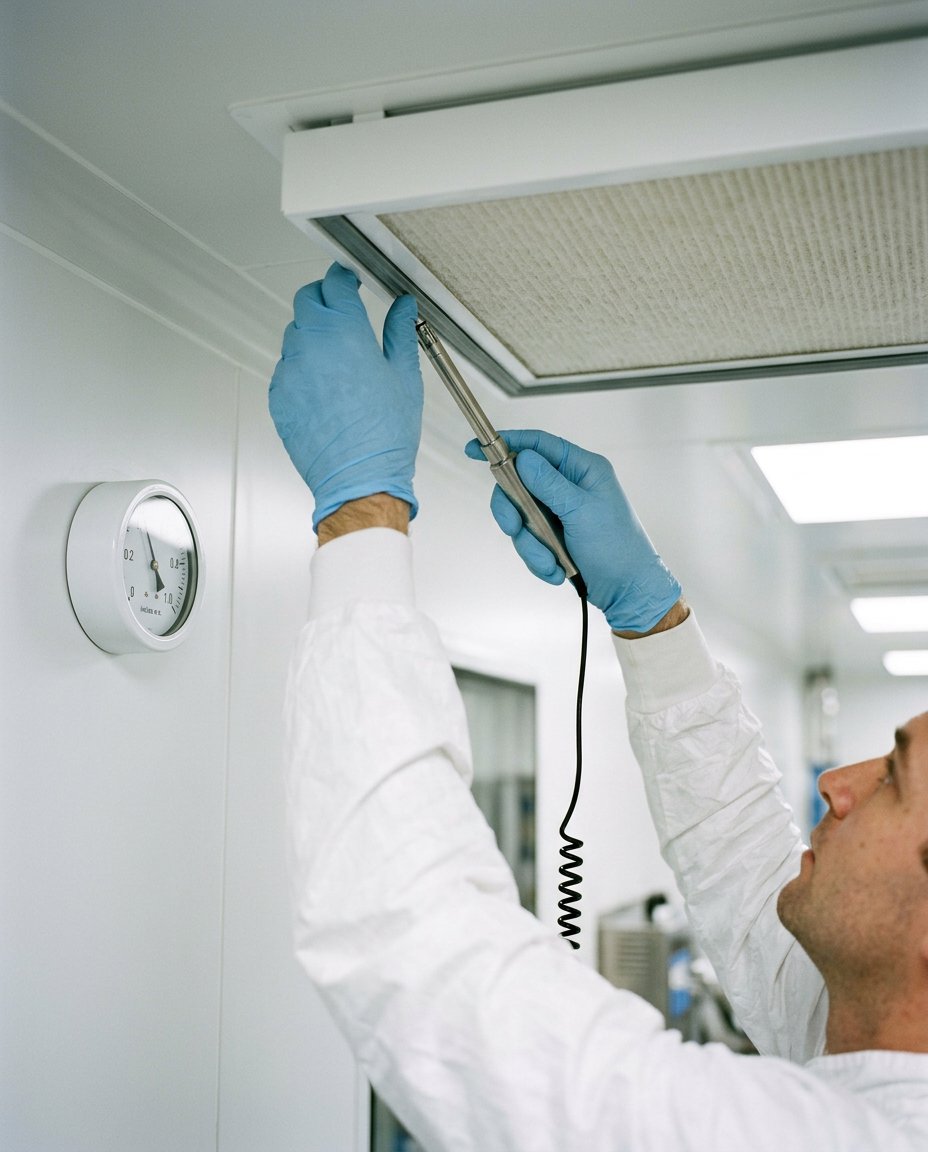 Teknisi menguji partikel udara dan tekanan diferensial di dalam cleanroom farmasi berdinding panel sandwich
