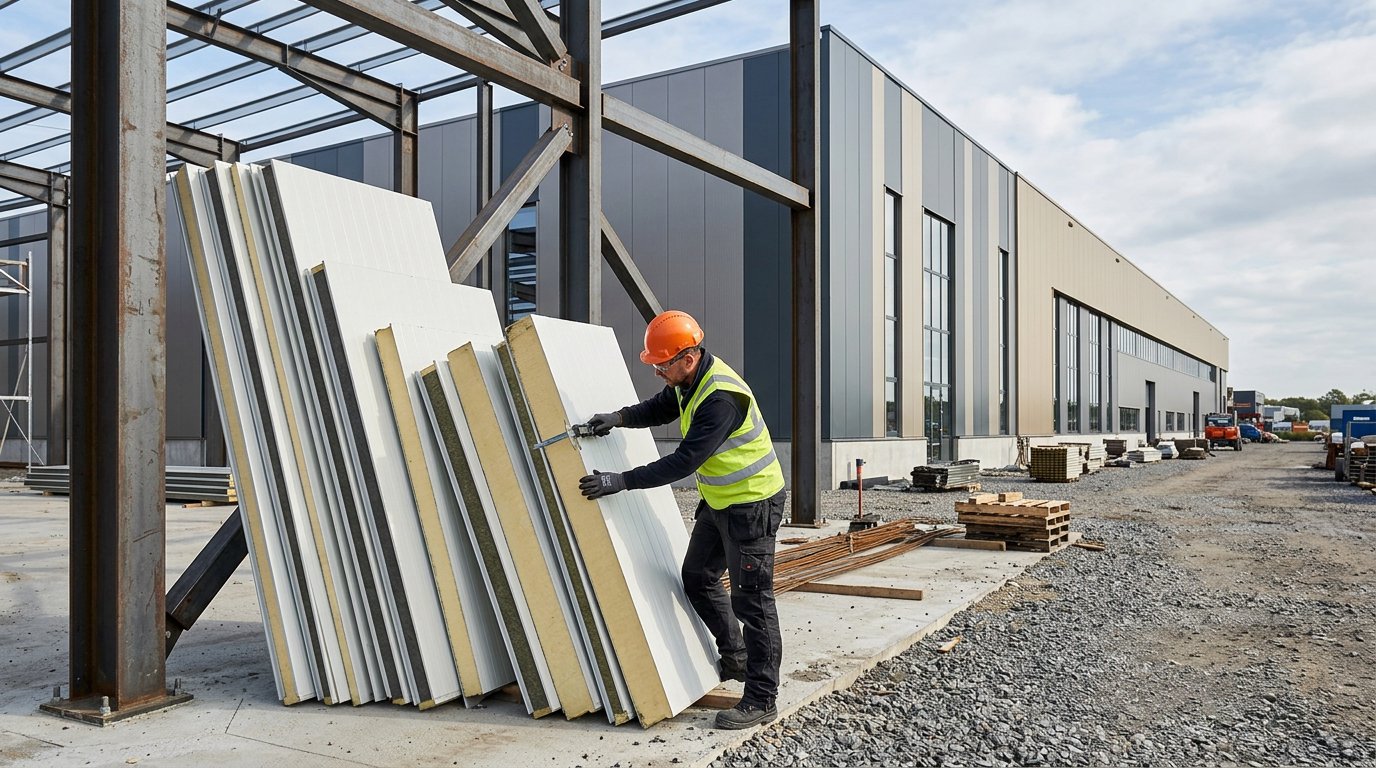 Tumpukan sandwich panel berbagai ketebalan di area konstruksi pabrik