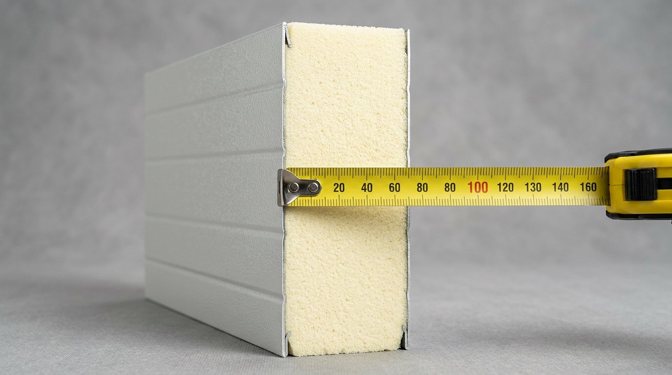 Ilustrasi potongan melintang sandwich panel menunjukkan lapisan skin baja dan core insulasi