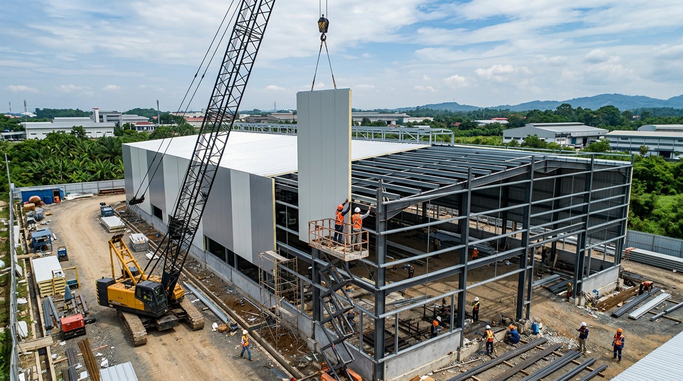 Proses perakitan modular sandwich panel system pada bangunan pabrik industri