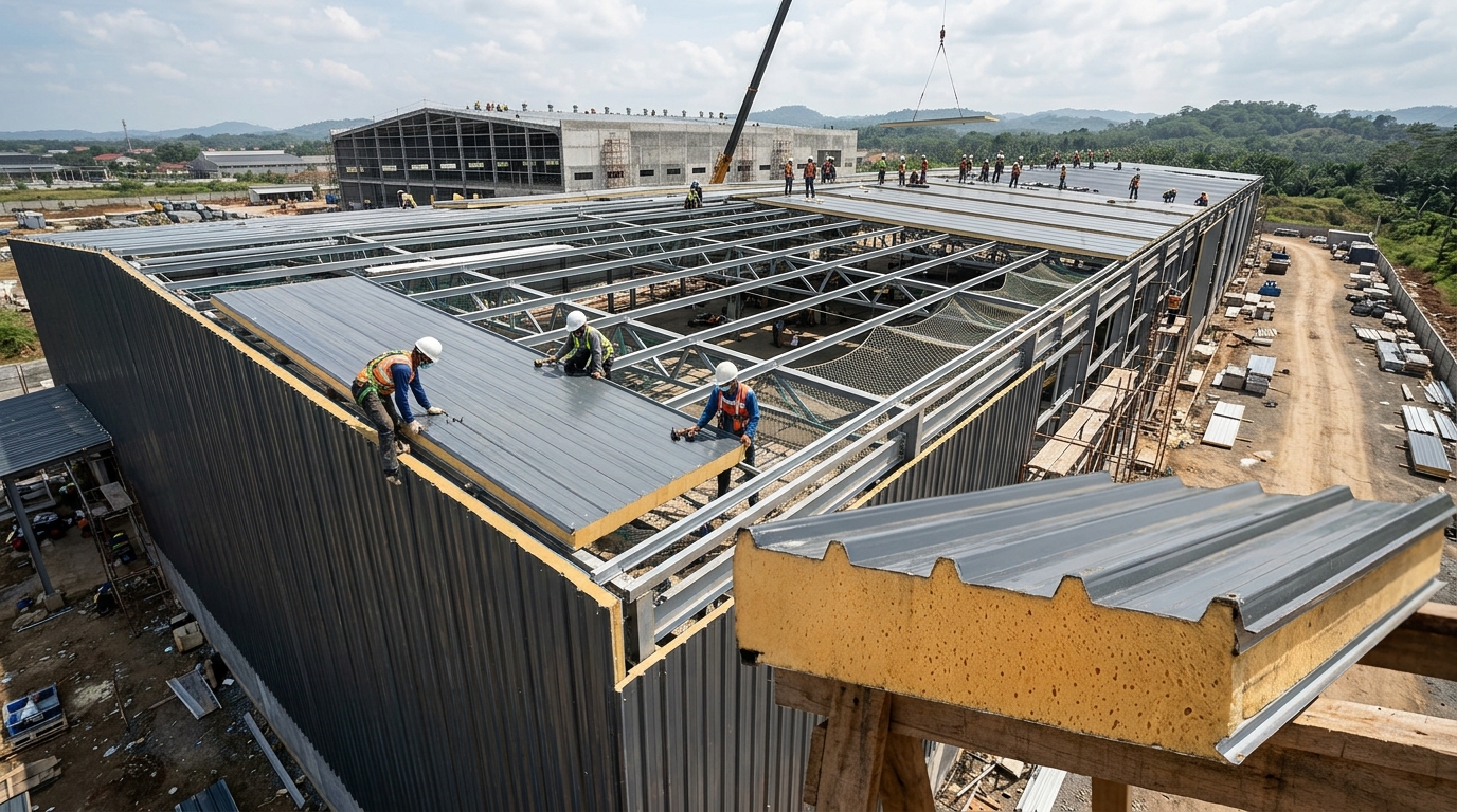 Pemasangan atap sandwich panel pada struktur baja bangunan pabrik