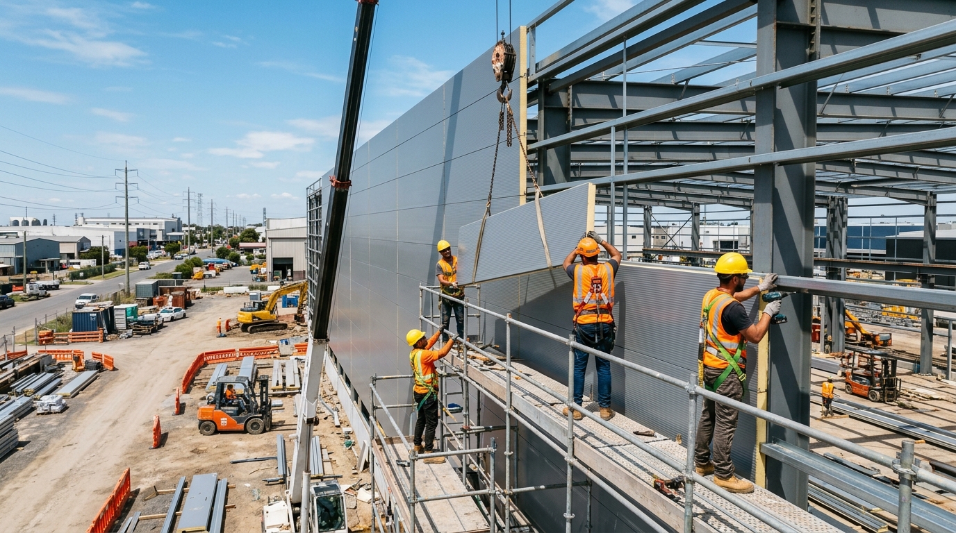 Pemasangan dinding sandwich panel pada proyek pabrik di kawasan industri Jawa Timur