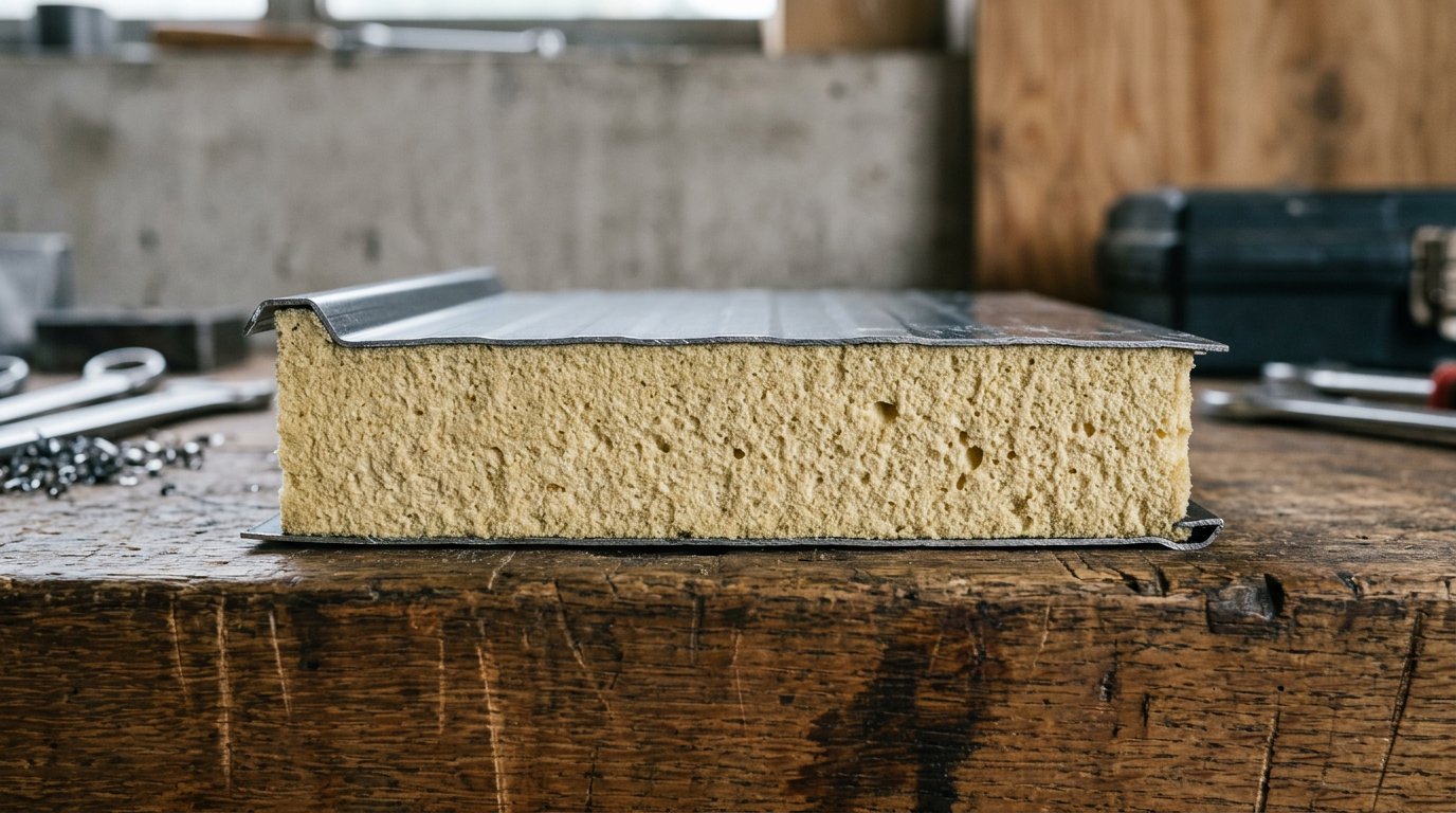 Potongan melintang sandwich panel menunjukkan lapisan core insulasi di antara dua skin logam