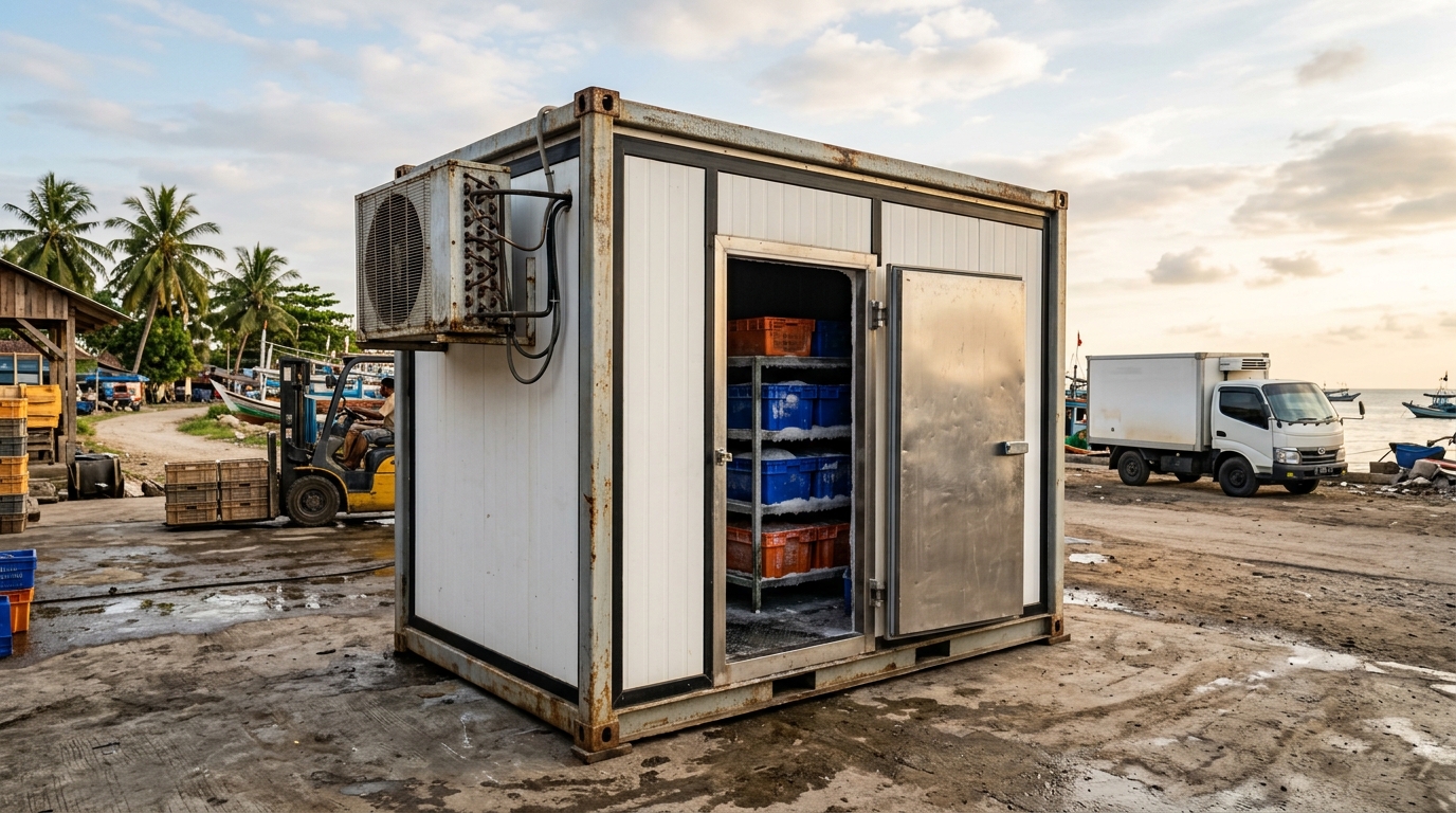 Mobile cold room sandwich panel PIR ukuran kontainer di area pelabuhan perikanan