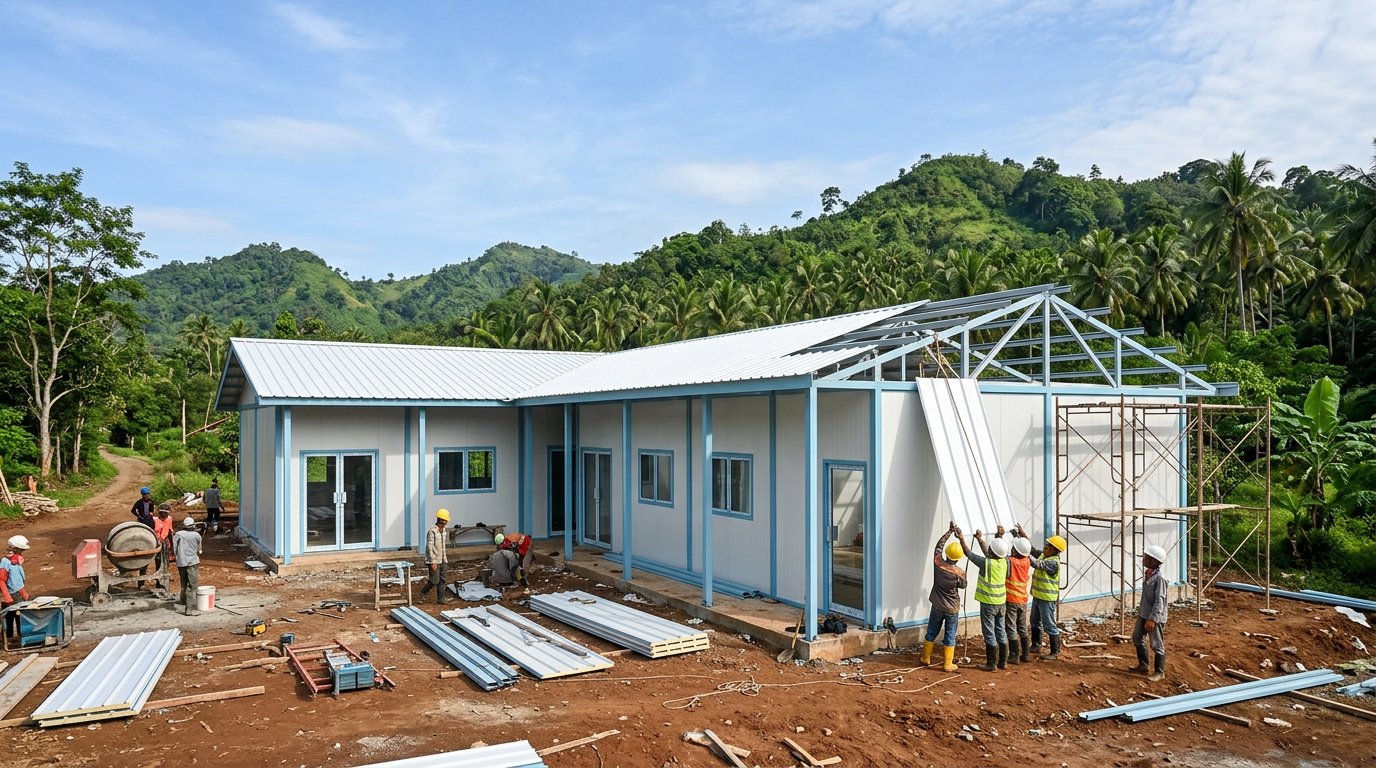Pemasangan dinding sandwich panel pada ruang kelas sekolah baru