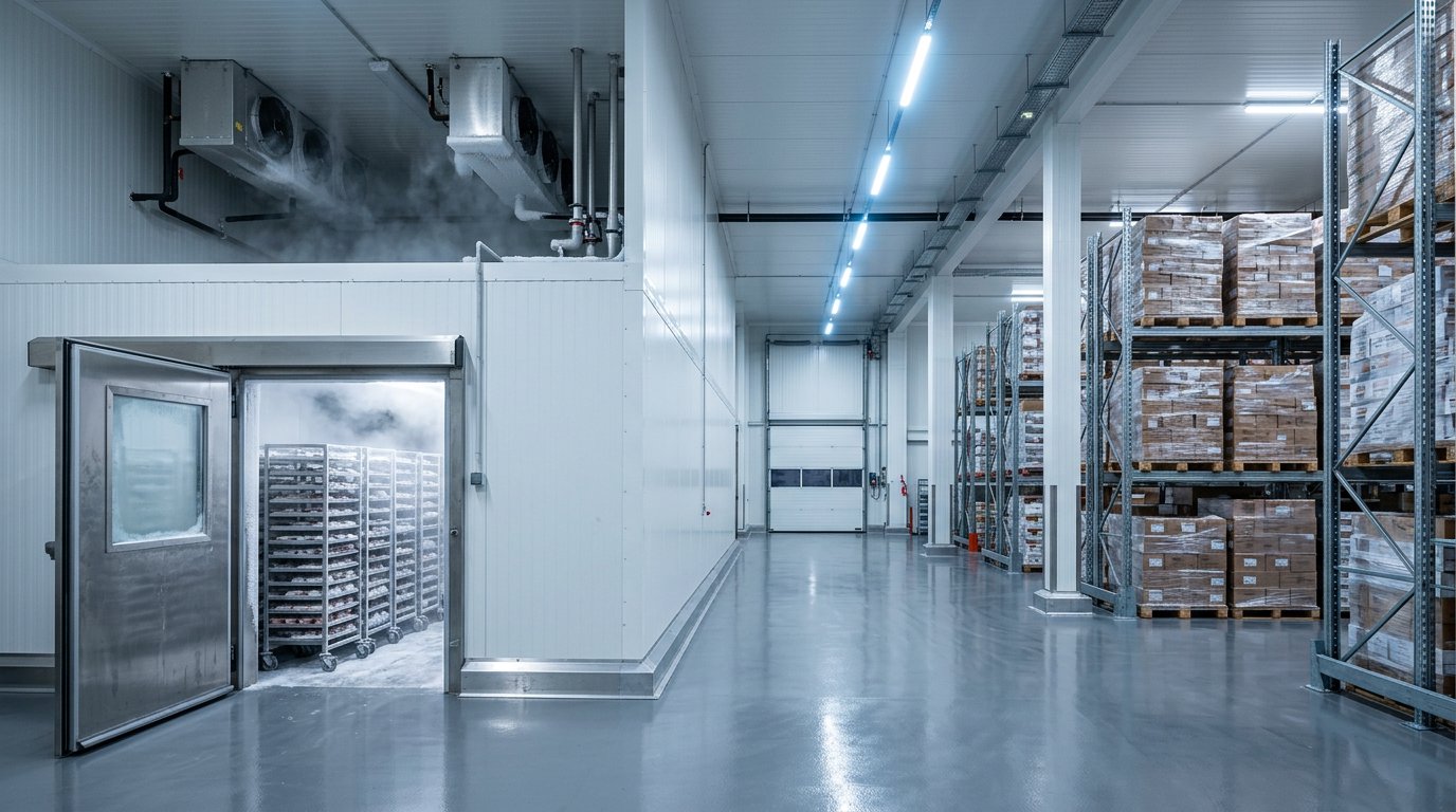 Ruang blast freezer dengan rak troli dan cold storage berdinding sandwich panel